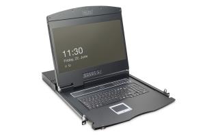 modularized 48,3cm (19") TFT console with 16 port Cat.5 KVM, RAL 9005 black color Qwerty UK